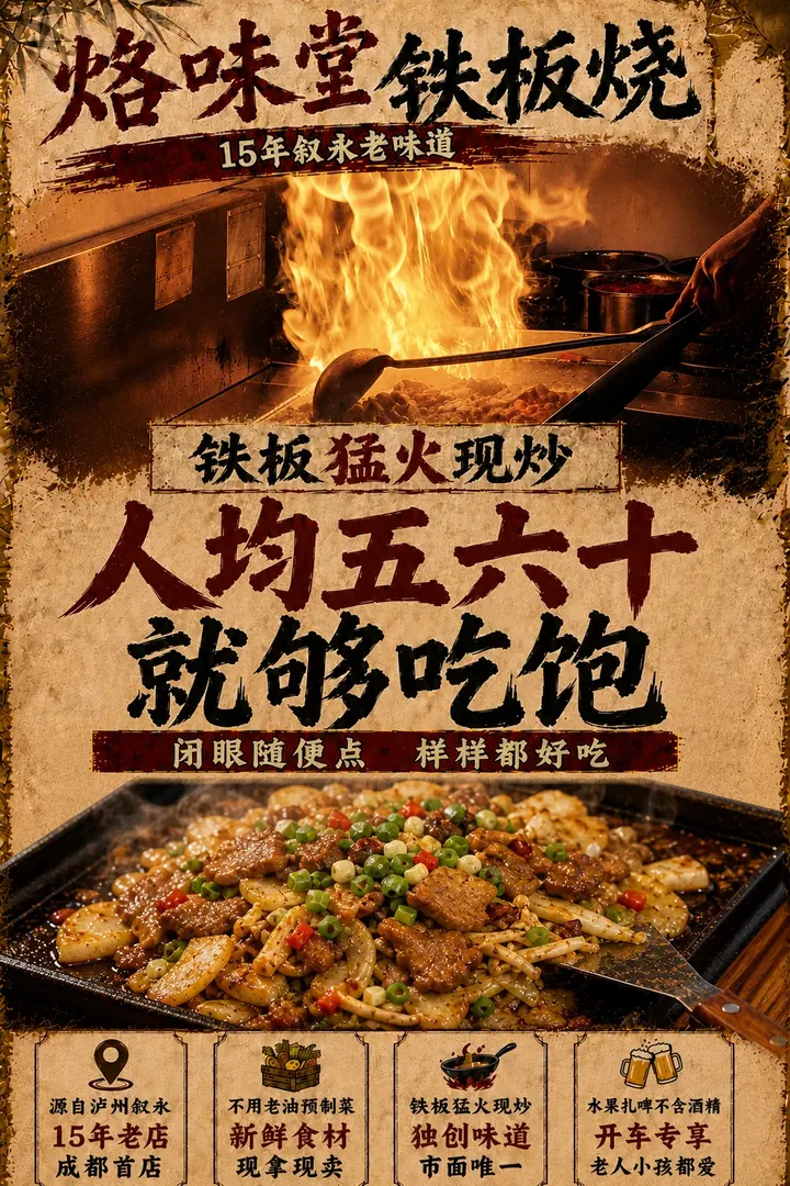 烙味堂铁板烧门店海报:15 年叙永老味道,人均五六十就够吃饱